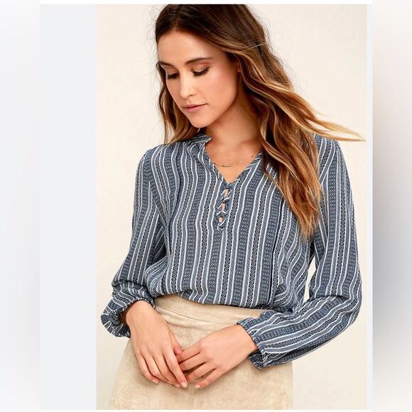 Lulus Sandy Shore Navy Blue Print Long Sleeve Top - Picture 3 of 11